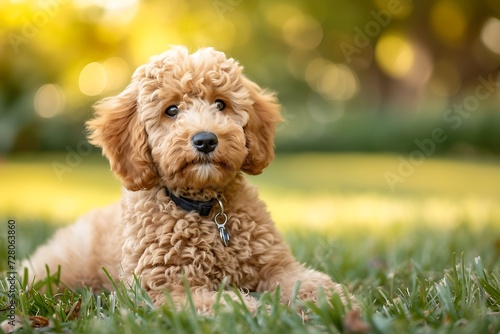 Goldendoodle dog on the grass, in the style of tivadar csontváry kosztka, soft-focus, wimmelbilder, 