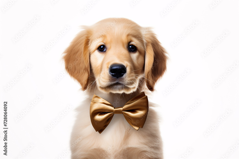 
Golden retriever puppy dressed up with bow tie on white background