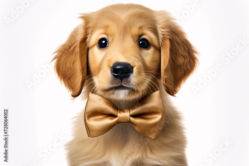  Golden retriever puppy dressed up with bow tie on white background