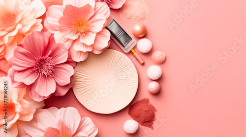 Experience the harmony of autumn flowers and face powder, embodying the concept of naturalness in cosmetics. A captivating image for beauty and skincare designs. photo