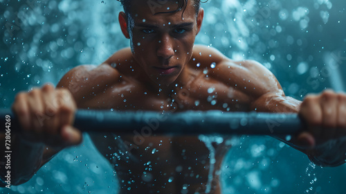 Muscular Shirtless Man Doing Push-Ups On The Horizontal Bar In The Heavy Rain © taraskobryn