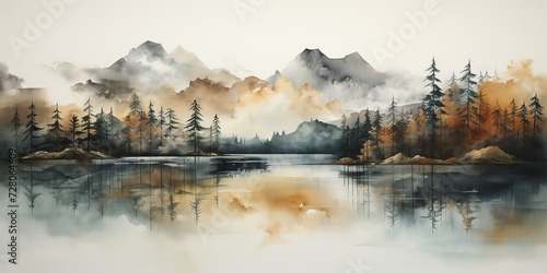Watercolor drawing painting ink sketch nature outdoor forest lake mountain landscape view © Graphic Warrior