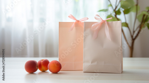 Pastel gift bags adorned with ribbons and accompanied by peaches, hinting at a gentle celebration with peach fuzz textures.