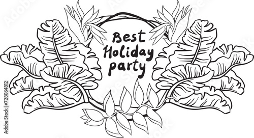 Tropical holiday frame background with palm leaves and flowers. Decorative elements vector design for party invitation, summer sale, vacation paradise promotion. Hand drawn illustration.