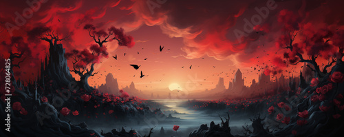 Bedrohlich schöne Fantasiewelt, Romantische Welt in rot mit Sonnenuntergang photo