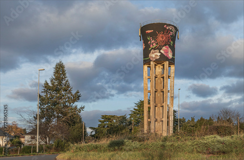 Ornate water tower painted with flowers