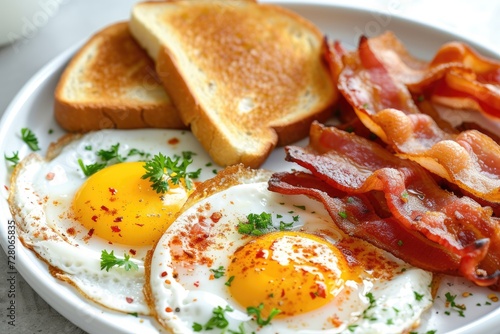 A high angle shot of a delicious breakfast spread featuring sunny-side-up eggs  crispy bacon  and toast Breakfast with fried eggs  bacon and toasts