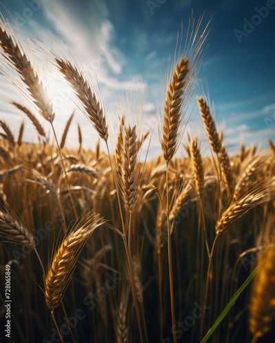 The golden tips of wheat ears shimmer against the backdrop of a stunning sunset, highlighting the natural beauty of a countryside field.