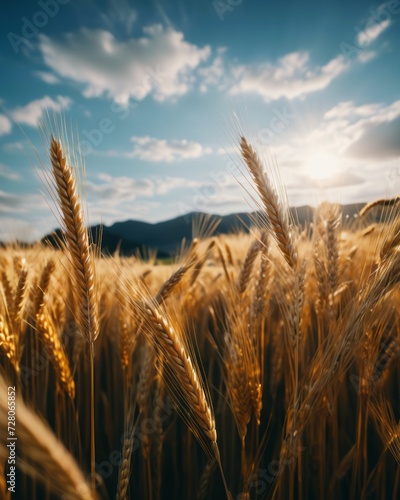 The golden tips of wheat ears shimmer against the backdrop of a stunning sunset  highlighting the natural beauty of a countryside field.