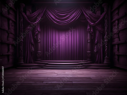 The dark stage shows an empty dark blue purple pink background design.