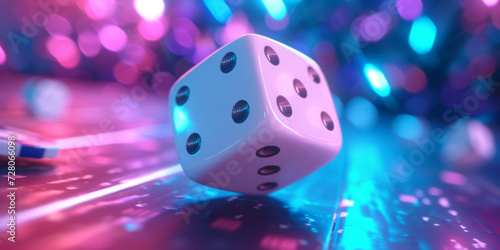 Close-up of a white dice with a vibrant neon light bokeh backdrop