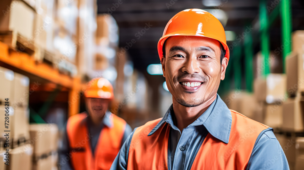 A dedicated warehouse worker, smiling in a logistic center, exemplifying Asian worker wearing hard hat and safety vests. Engaged in shipment activities in a storehouse, showcasing professionalism in a A dedicated warehouse worker, smiling in a logistic center, exemplifying Asian worker wearing hard hat and safety vests. Engaged in shipment activities in a storehouse, showcasing professionalism in a