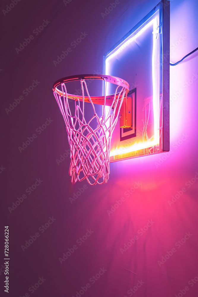 A neon-lit basketball hoop casting a pink glow in a contemporary urban environment