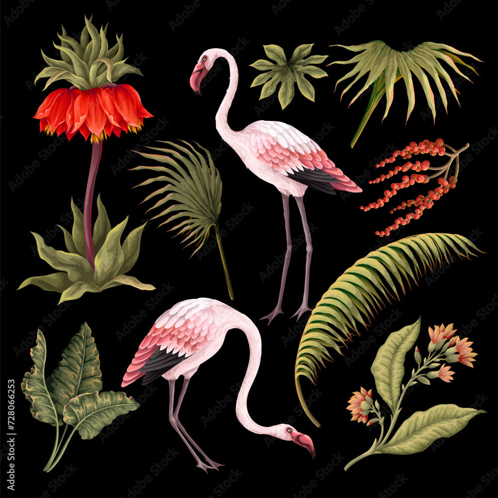 Fototapeta premium Pink flamingos and exotic flowers flowers. Vector.