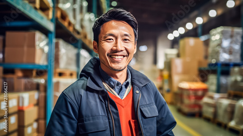 A warehouse worker stands and smiles in a logistics center. Asian worker in safety vest diligently working on shipping in the warehouse, showcasing efficiency in a distribution center.