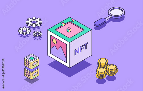 NFT token in blockchain technology in digital crypto art. Cryptocurrency Art with coins bitcoin. Cryptographic technology web banner layout. Vector illustration