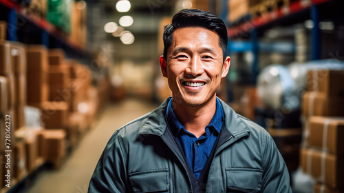 A warehouse worker stands and smiles in a logistics center. Asian worker in safety vest diligently working on shipping in the warehouse, showcasing efficiency in a distribution center.