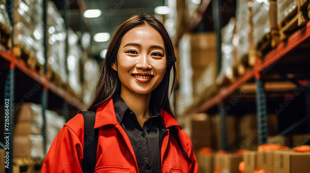 A young, smiling female worker, donned in a vest, efficiently manages a factory warehouse. She diligently checks stocks, organizes deliveries, and prepares products for packaging and orders. A portray A young, smiling female worker, donned in a vest, efficiently manages a factory warehouse. She diligently checks stocks, organizes deliveries, and prepares products for packaging and orders. A portray