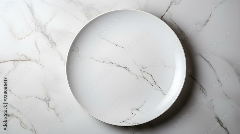 Top View of an empty Plate in white Colors on a white Marble Background. Elegant Template with Copy Space Top View of an empty Plate in white Colors on a white Marble Background. Elegant Template with Copy Space