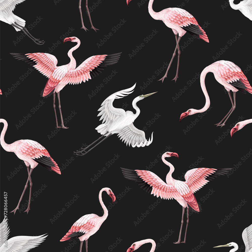 Obraz premium Seamless pattern with pink flamingos and white herons. Vector.