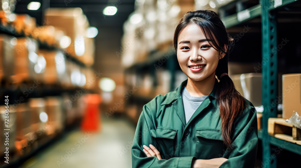 A young, smiling female worker, donned in a vest, efficiently manages a factory warehouse. She diligently checks stocks, organizes deliveries, and prepares products for packaging and orders. A portray A young, smiling female worker, donned in a vest, efficiently manages a factory warehouse. She diligently checks stocks, organizes deliveries, and prepares products for packaging and orders. A portray