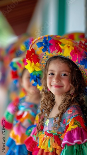 Joyful girl in vibrant Cinco de Mayo attire, blurred background
