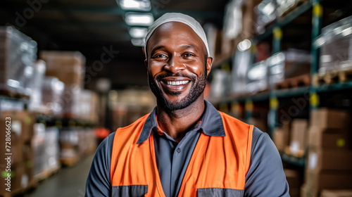 Radiating positivity, an African warehouse worker smiles, bringing warmth and cheer to the workplace. A vibrant and approachable image for diverse concepts and designs.