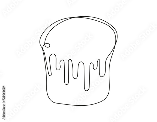 Continuous line drawing of an Easter Kulich cake with icing. Traditional Ukrainian Easter cupcake. Vector illustration isolated on white background. Design element. For print, greeting, coloring book.