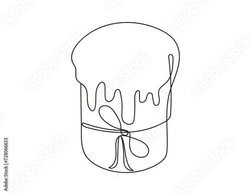 Continuous line drawing of an Easter Kulich cake with icing. Traditional Ukrainian Easter cupcake. Vector illustration isolated on white background. Design element. For print, greeting, coloring book.