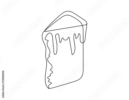 Continuous line drawing of Easter Kulich cake with icing. Slice of cupcake. Black vector illustration isolated on white backdrop. Design element. For print, greeting, coloring book, scrapbooking.