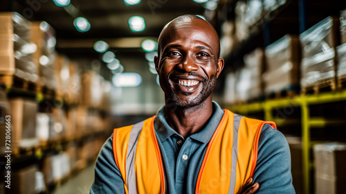 Radiating positivity, an African warehouse worker smiles, bringing warmth and cheer to the workplace. A vibrant and approachable image for diverse concepts and designs.