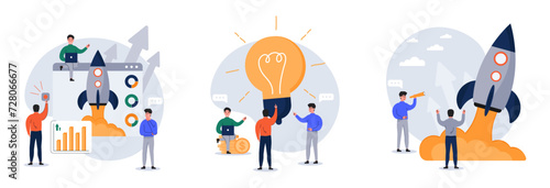 New idea, start up vector illustrations set. Businessmen creates new ideas. Project launch - Team of business people launching rocket, celebrating and cheering. Startup mentoring, business opportunity