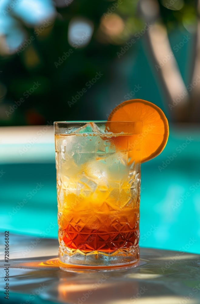 A refreshing orange cocktail by a serene pool, embodying relaxation and leisure A refreshing orange cocktail by a serene pool, embodying relaxation and leisure