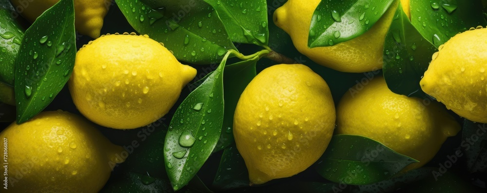 Fresh ripe lemons, exotic healthy bio fruit food gardening banner panorama. Generative Ai