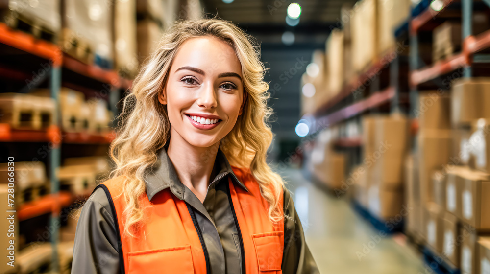 Radiant teamwork female warehouse workers in uniform smiling amidst the backdrop of shelving. A positive and professional image for logistics and workforce concepts. Radiant teamwork female warehouse workers in uniform smiling amidst the backdrop of shelving. A positive and professional image for logistics and workforce concepts.