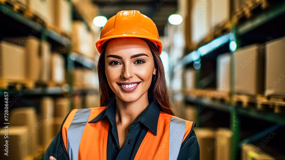 Radiant teamwork female warehouse workers in uniform smiling amidst the backdrop of shelving. A positive and professional image for logistics and workforce concepts. Radiant teamwork female warehouse workers in uniform smiling amidst the backdrop of shelving. A positive and professional image for logistics and workforce concepts.