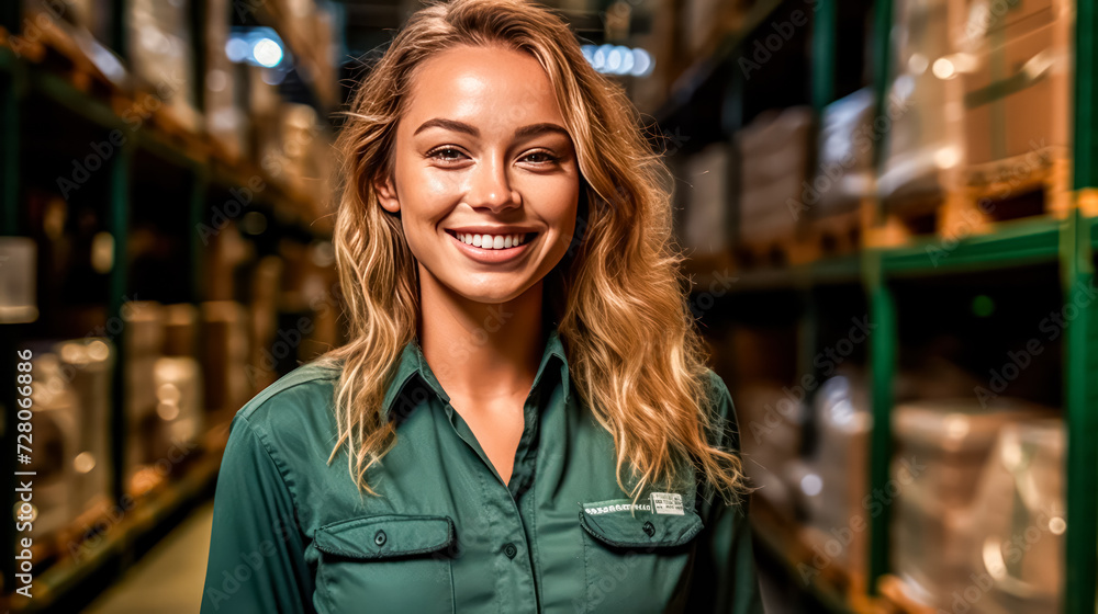 Radiant teamwork female warehouse workers in uniform smiling amidst the backdrop of shelving. A positive and professional image for logistics and workforce concepts. Radiant teamwork female warehouse workers in uniform smiling amidst the backdrop of shelving. A positive and professional image for logistics and workforce concepts.