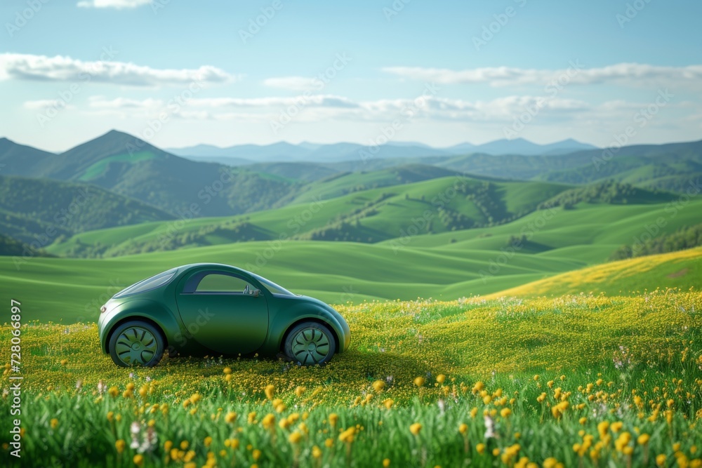 Concept art of a green compact car in a lush field, symbolizing eco friendliness Concept art of a green compact car in a lush field, symbolizing eco friendliness