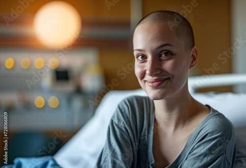 Smiling young woman after chemotherapy treatment at hospital oncology department. photo
