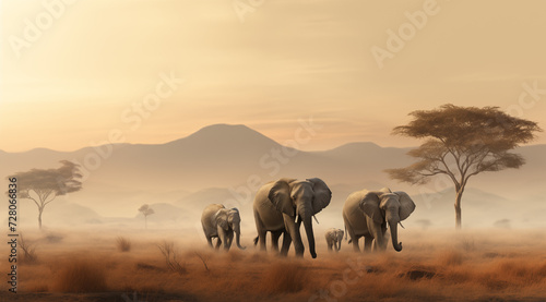 Gruppe von Elefanten in der Savanne  Elefantenfamilie in beeindruckendem Licht in der Steppe