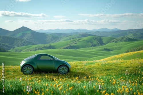Concept art of a green compact car in a lush field, symbolizing eco friendliness
