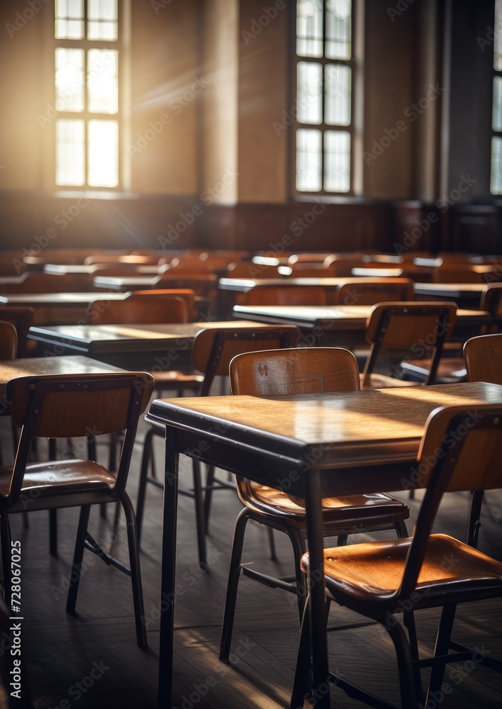 School clasroom with wooden furniture without kids at university with sunlight. Generative Ai.