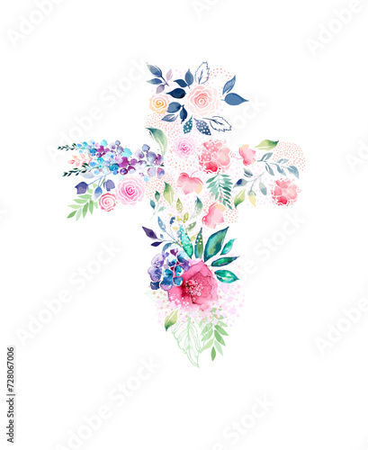 Cross of flowers. He has risen. hand drawing. Happy easter. Not AI. Vector illustration