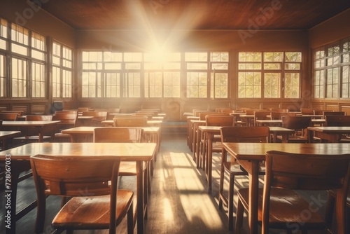 School clasroom with wooden furniture without kids at university with sunlight. Generative Ai.