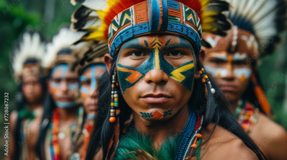 Portrait of indigenous Amazonian people with traditional face paint and headdress