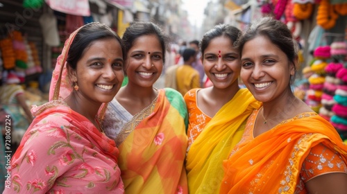 Group of Indian women in vibrant saris smiling together