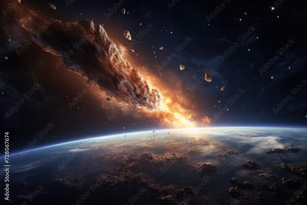 Meteor glowing as it enters the Earth's atmosphere, ultra realistic. Generative Ai.