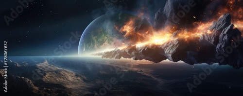 Meteor glowing as it enters the Earth's atmosphere, ultra realistic panorama. Generative Ai.