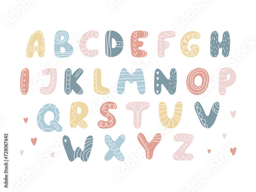 English cute children's alphabet in pastel colors. Flat cartoon ABC in Scandinavian style. Funny kids letters for design . Font for school education, preschool, nursery