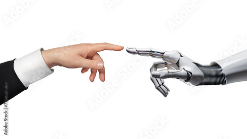 Obraz na płótnie White cyborg robotic hand pointing his finger to human hand with stretched finger - cyber la creation - isolated on free PNG background